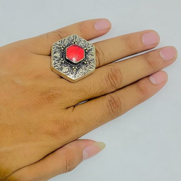 Massive Turkmen Tribal Coral Stone Ring, Handmade Tribal Ring, Gypsy Silver Ring - Picture 1 of 7